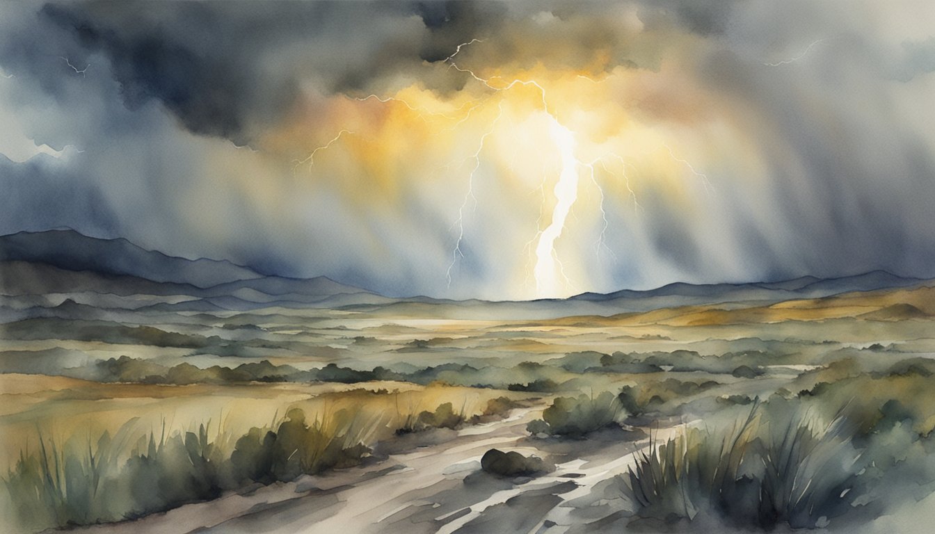 Ball lightning floats above a stormy landscape, casting an eerie glow on the surroundings