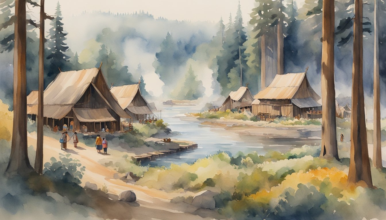 A California Native American village nestled among tall redwood trees with a river flowing nearby.</p><p>Smoke rises from a central fire pit, and people are seen tending to crops and crafting tools