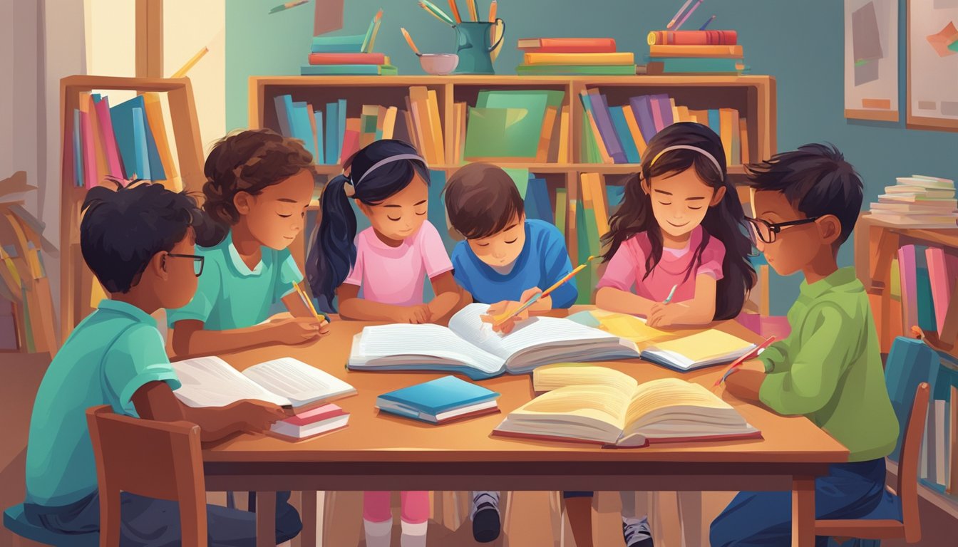 A group of children sit around a table, engrossed in their studies. Books, pencils, and colorful educational materials are scattered around the room