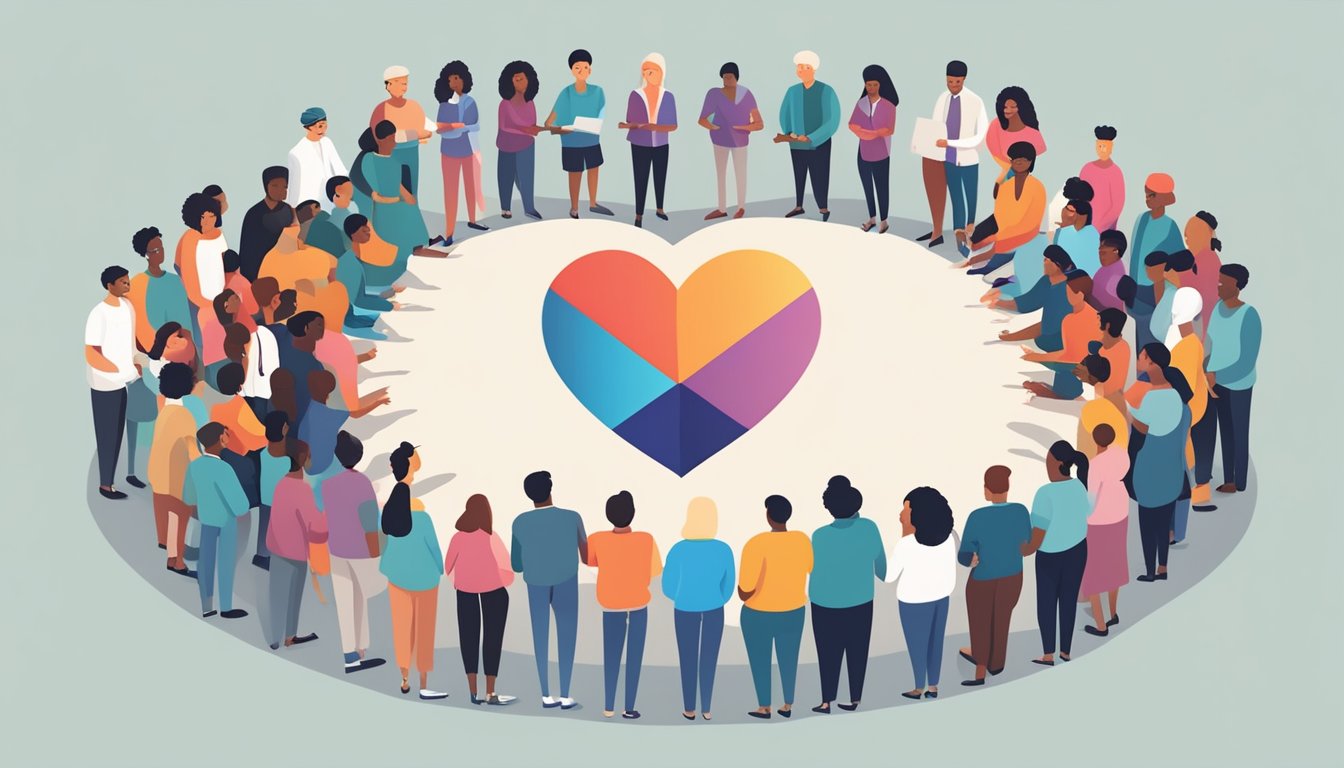 A group of diverse individuals gather around a heart-shaped symbol, representing Community Engagement and Support for Loving Hearts Tuition
