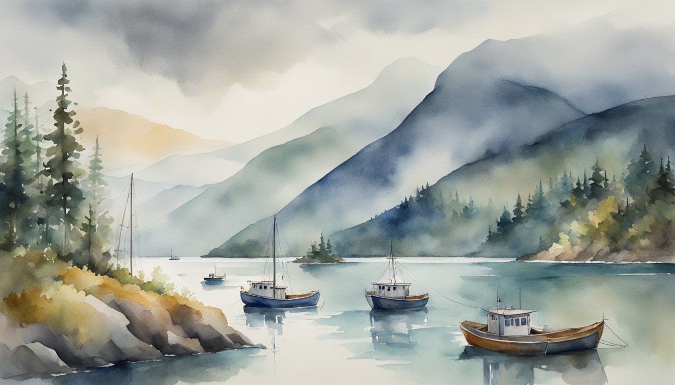 A small, remote harbor with fishing boats, surrounded by dense forest and mountains, under a cloudy sky