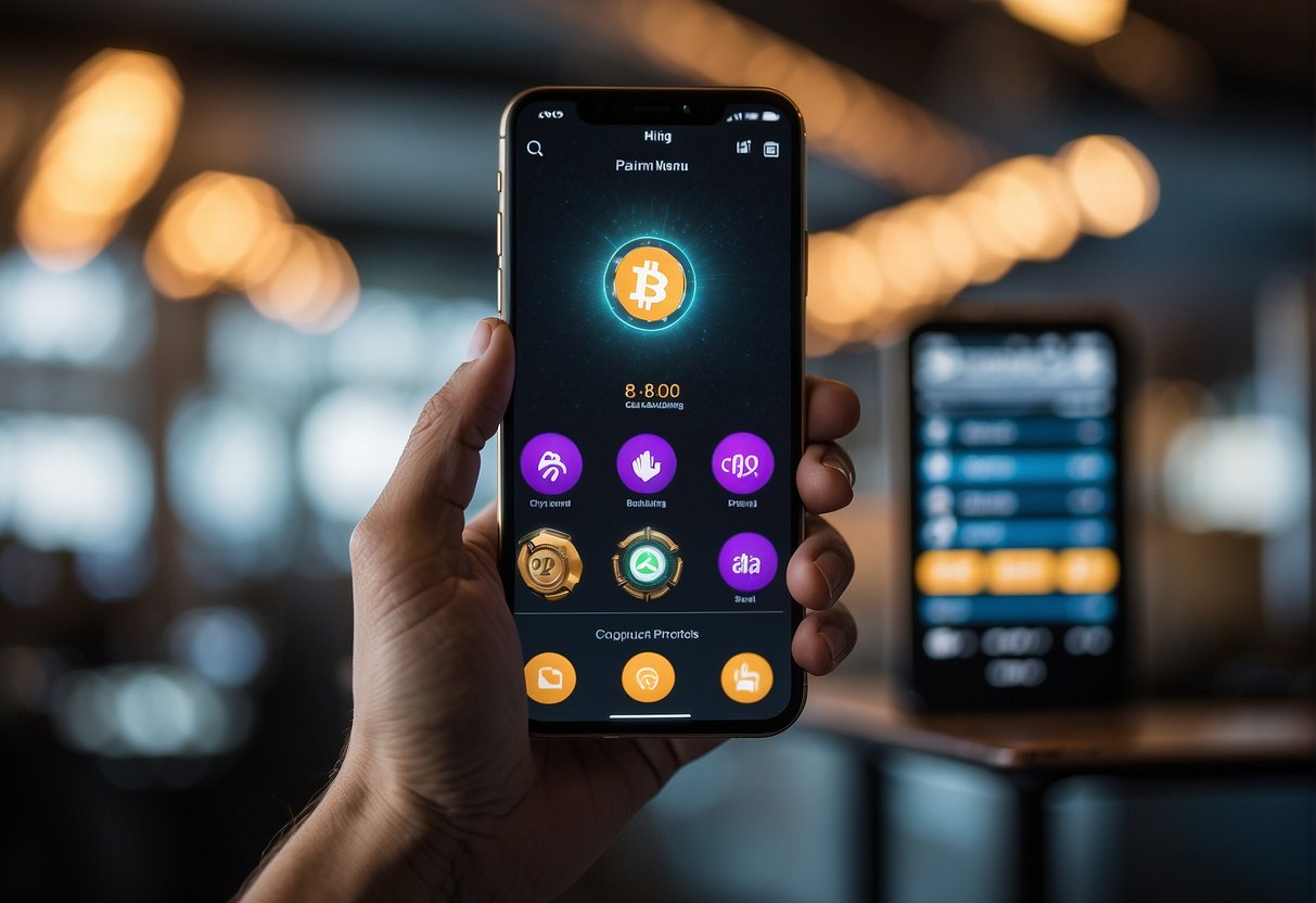 A hand reaching out to a smartphone, tapping a user-friendly crypto gambling app to make a simple crypto deposit with ease