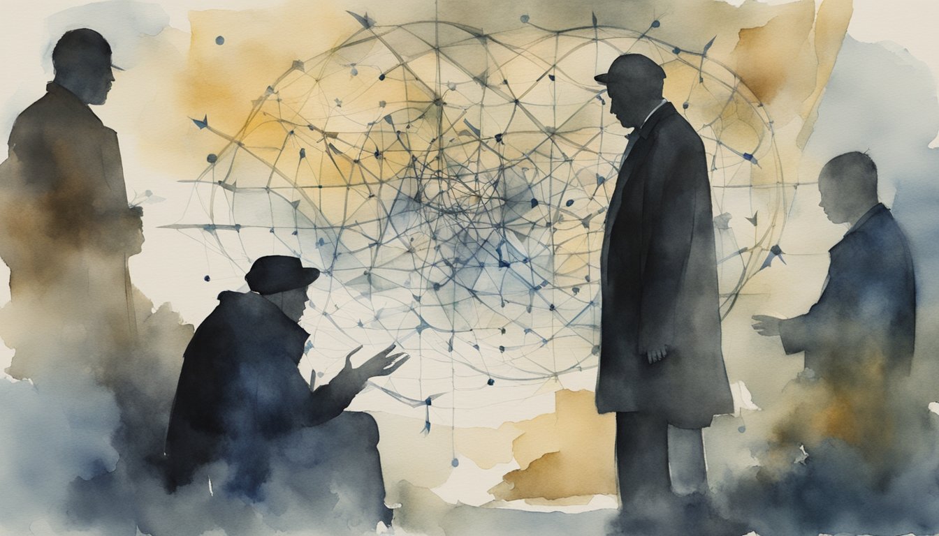 A shadowy figure whispers to a group of people, while a web of interconnected symbols and documents surrounds them, evoking a sense of mystery and intrigue