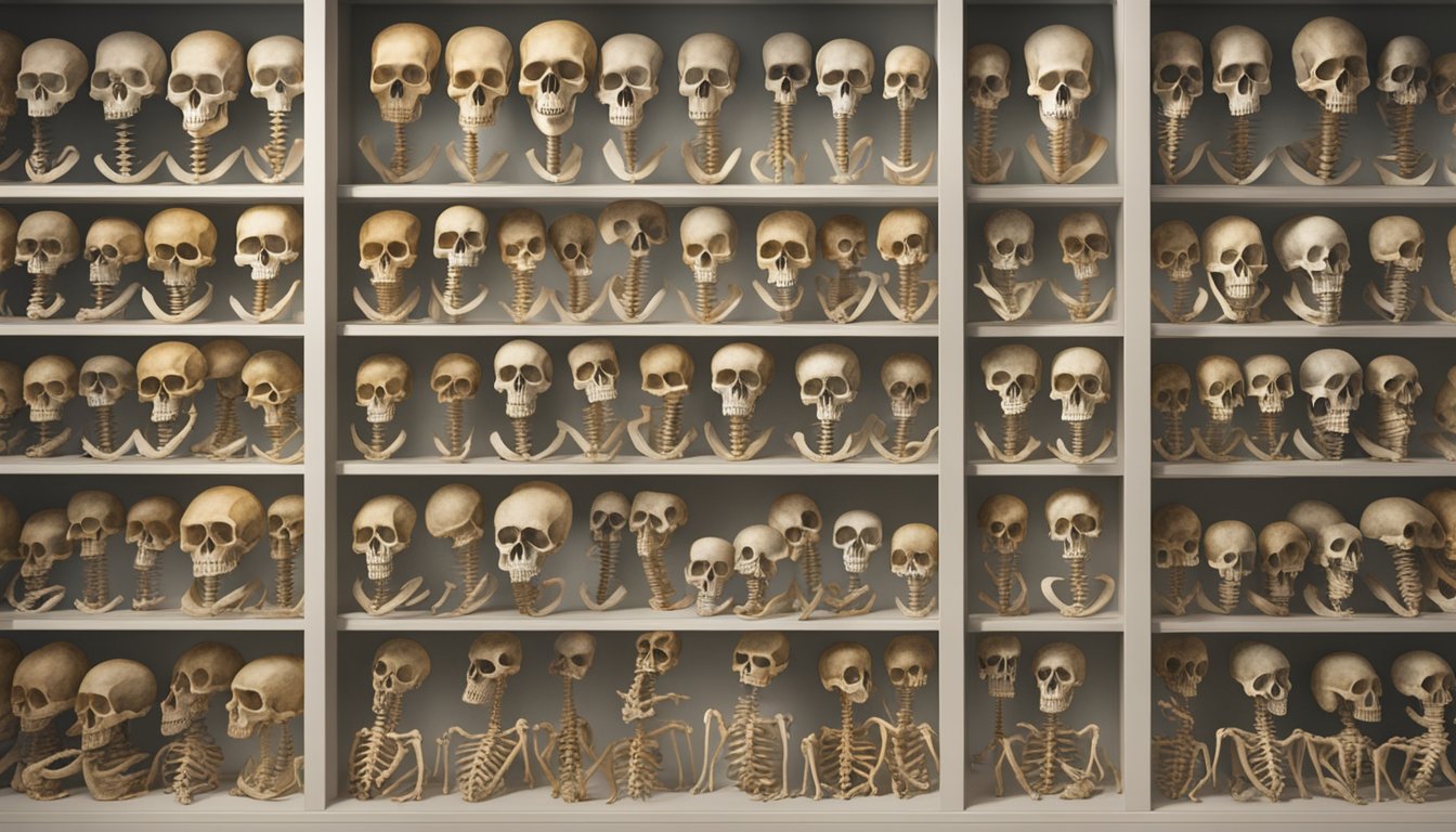 A diverse array of hominid skeletons, representing various species, are displayed in a museum exhibit