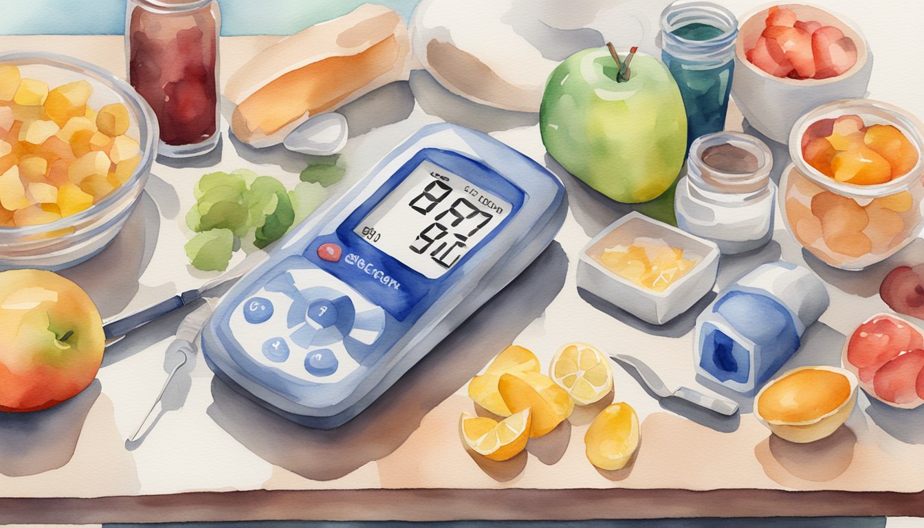 A glucose meter displaying 93 blood sugar level, insulin vial, and healthy food options on a table