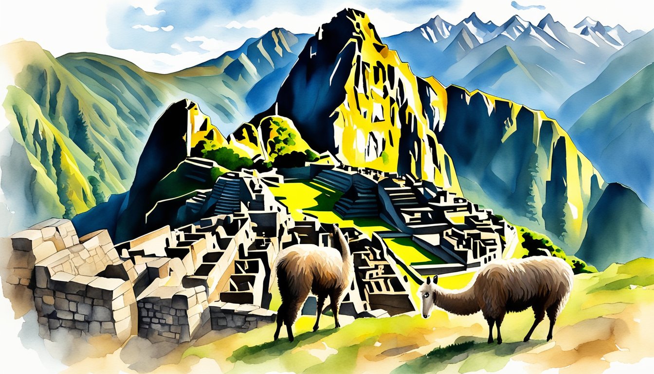 The ancient ruins of Machu Picchu stand tall against the backdrop of the Andes mountains, while llamas graze peacefully in the foreground