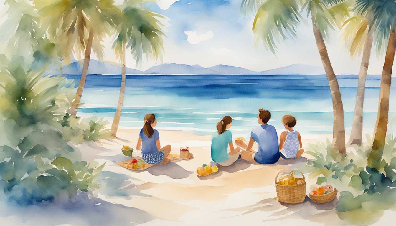 A family sits on a sandy beach, surrounded by palm trees and clear blue water.</p><p>They have a picnic spread out and are relaxed and smiling