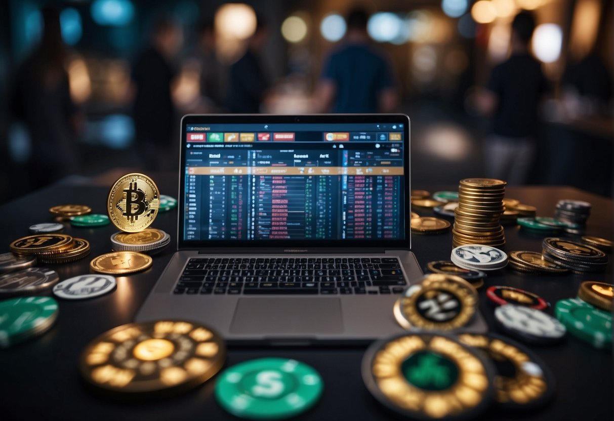 A bustling digital marketplace with various decentralized crypto gambling sites operating freely, unencumbered by traditional regulatory constraints