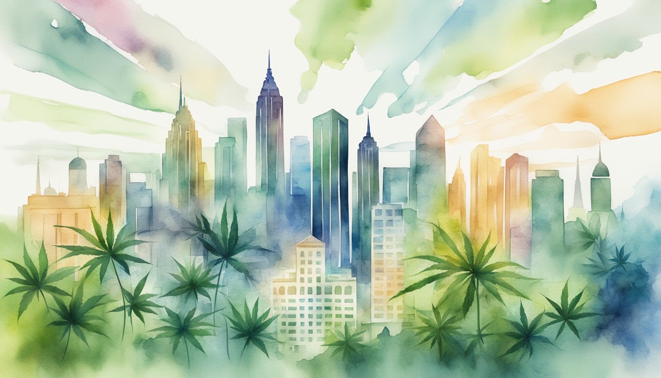 A modern city skyline with a cannabis dispensary, surrounded by legal documents and legislation related to marijuana use