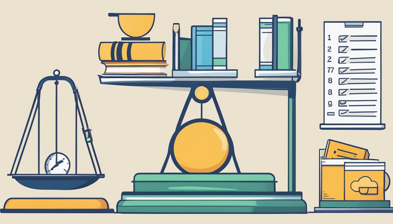 A scale with "pros" on one side and "cons" on the other, with various items representing the benefits and drawbacks of tuition