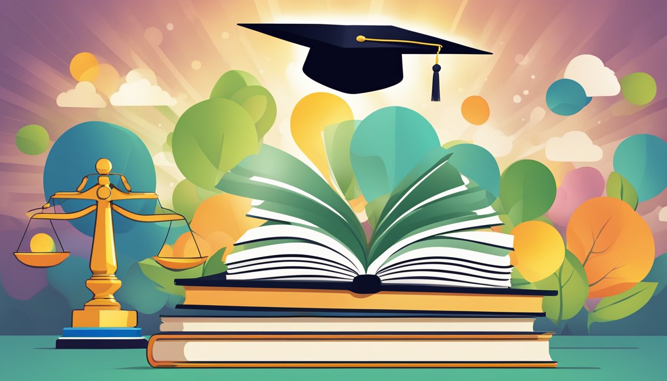 A bright light shines on a scale, with "pros" outweighing "cons". Books and a graduation cap symbolize education