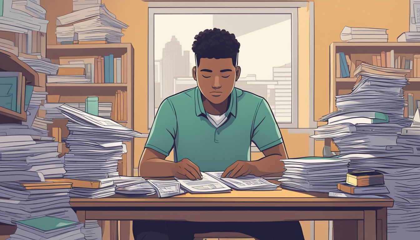 A student sits at a desk, surrounded by books and papers. On one side, a pile of bills representing the financial burden of tuition. On the other, a scale showing the benefits and drawbacks of seeking outside help