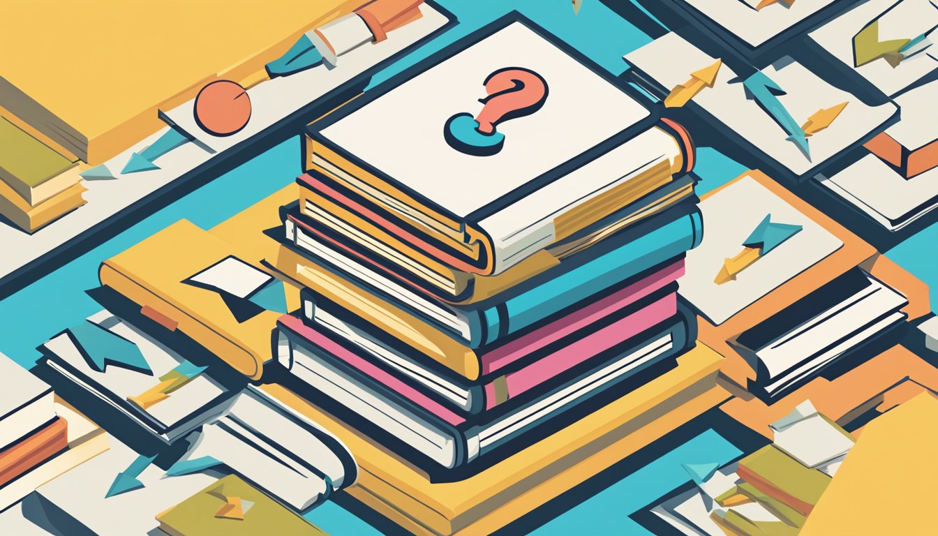 A stack of books with a question mark hovering above them, surrounded by arrows pointing to different directions representing the pros and cons of tuition
