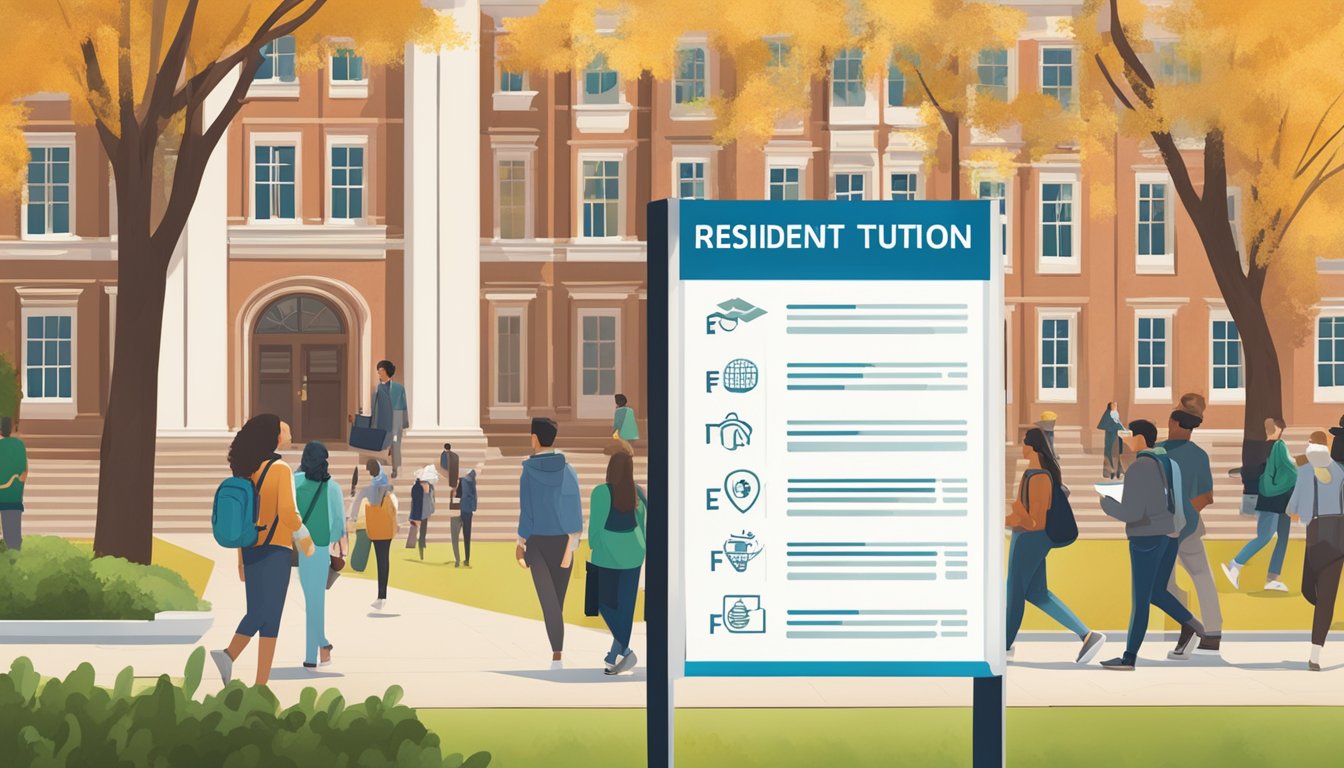 A sign displays "Resident Tuition" with a list of requirements and fees underneath, set against a backdrop of a university campus with students walking by