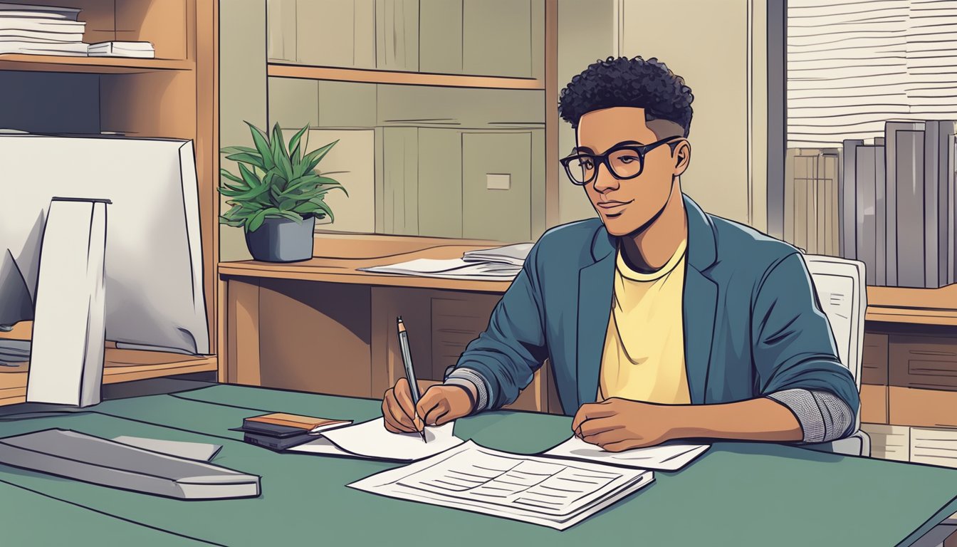 A student submits paperwork and pays fees at a college office to apply for resident tuition