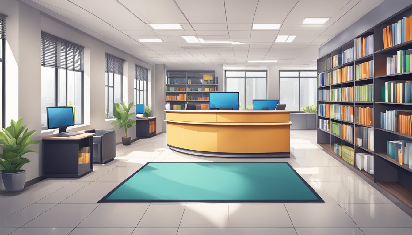 Discover the Best Home Tuition Agency in Singapore for Top-Notch Education A bright, modern office with a welcoming reception area. A logo and slogan displayed prominently. Shelves of textbooks and educational resources