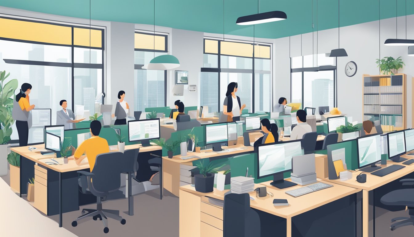 Discover the Best Home Tuition Agency in Singapore for Top-Notch Education A bustling office with staff answering calls and organizing files for a top-rated home tuition agency in Singapore