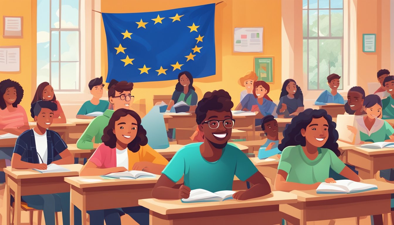 A group of diverse students studying in a vibrant classroom with "Free Tuition in Europe" displayed on a colorful banner