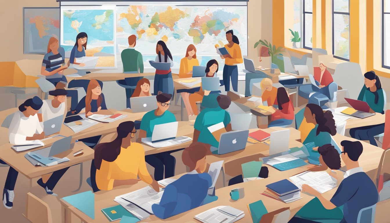 Students eagerly searching through European university websites, surrounded by maps, laptops, and colorful brochures