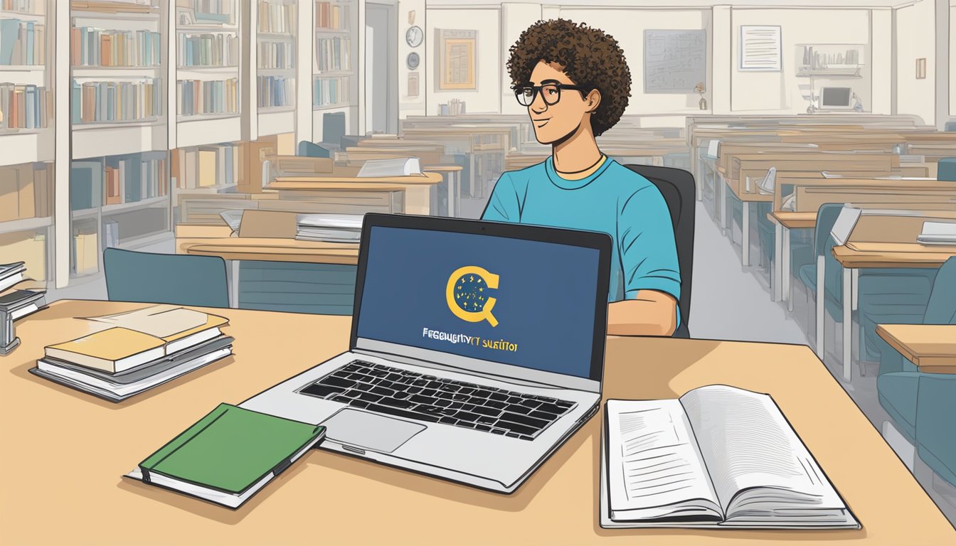 A student browsing a laptop with "Frequently Asked Questions free tuition in Europe" displayed on the screen