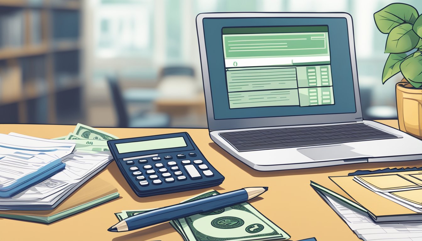 A stack of dollar bills and a calculator on a desk, with a laptop open to a webpage showing tuition and financial information for iacademy