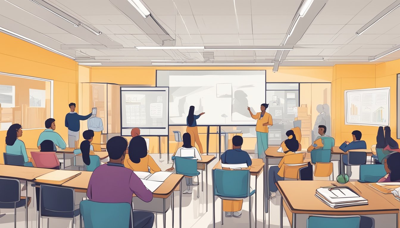 A classroom with diverse career symbols and academic books, surrounded by students and professionals engaged in discussions and learning