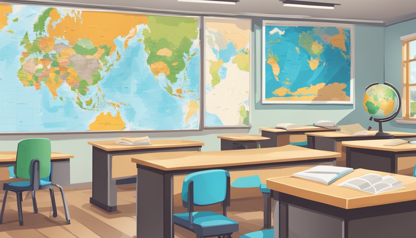 Secondary Geography Tuition: Boosting Your Child's Understanding of the World A globe, maps, and textbooks lay on a desk in a classroom. A world map hangs on the wall. The room is filled with geography-related visuals and educational materials