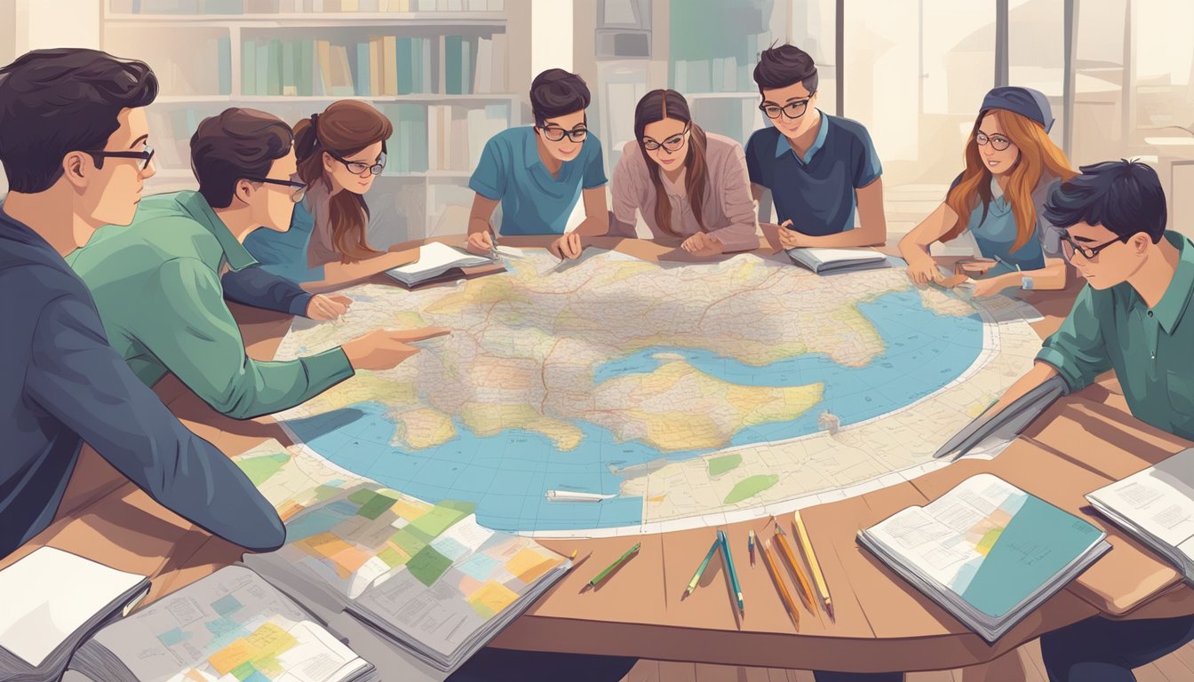 Secondary Geography Tuition: Boosting Your Child's Understanding of the World Students gather around a map, asking questions. Tutor responds, pointing to locations. Books and notes scattered on the table