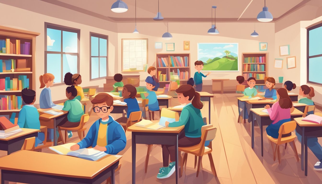 A bright classroom with students engaged in learning, surrounded by books, and educational materials