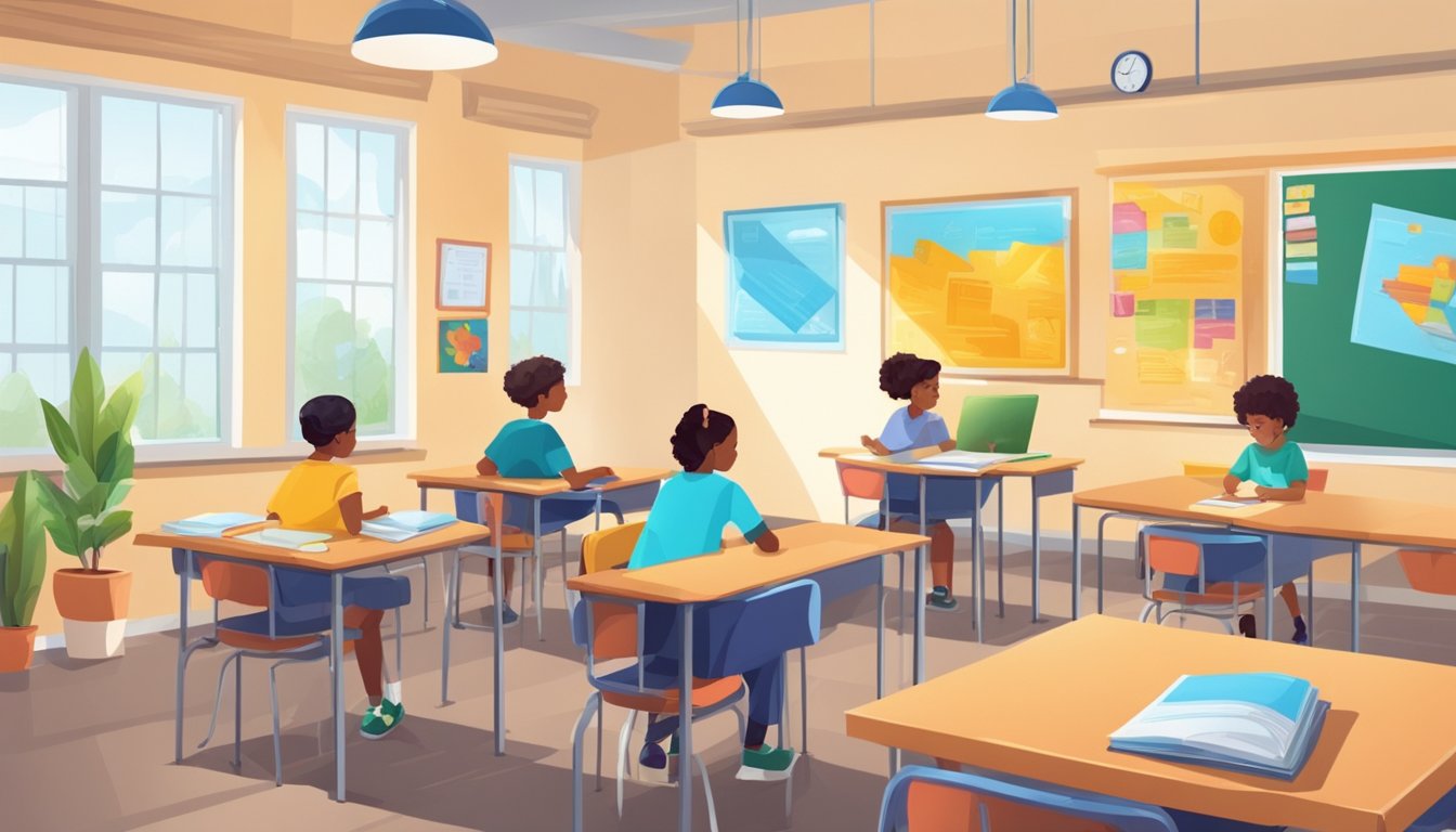 A bright, welcoming classroom with colorful posters and educational materials. A tutor and student engage in focused learning