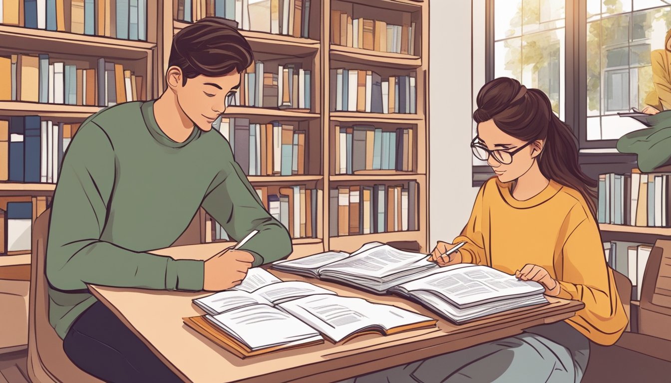 A tutor and a student sit at a table, engaged in a lively discussion. Books and papers are spread out, creating an atmosphere of focused learning