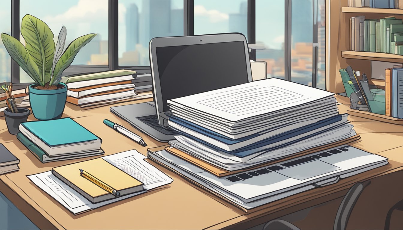 A stack of papers with "Frequently Asked Questions" printed on top, surrounded by pencils, books, and a laptop on a desk