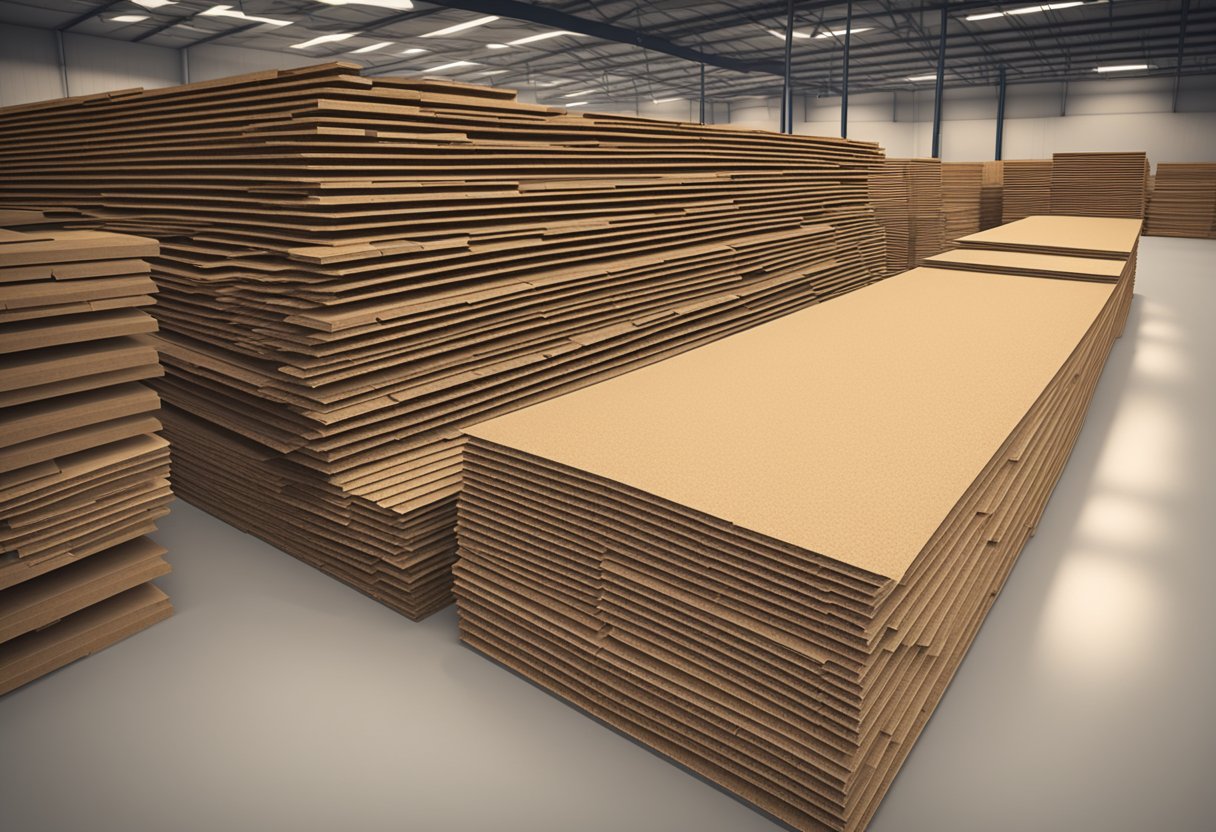 A stack of 18mm flooring chipboard neatly arranged in a warehouse, with the edges of the boards visible, ready to be used for construction projects