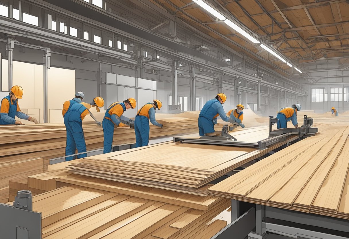 18mm hardwood plywood being cut, sanded, and layered with adhesive in a factory setting. Machinery and workers are carefully assembling the plywood sheets