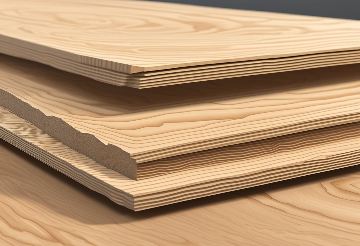 A stack of ash plywood sheets sits on a workbench, with wood grain and light color visible