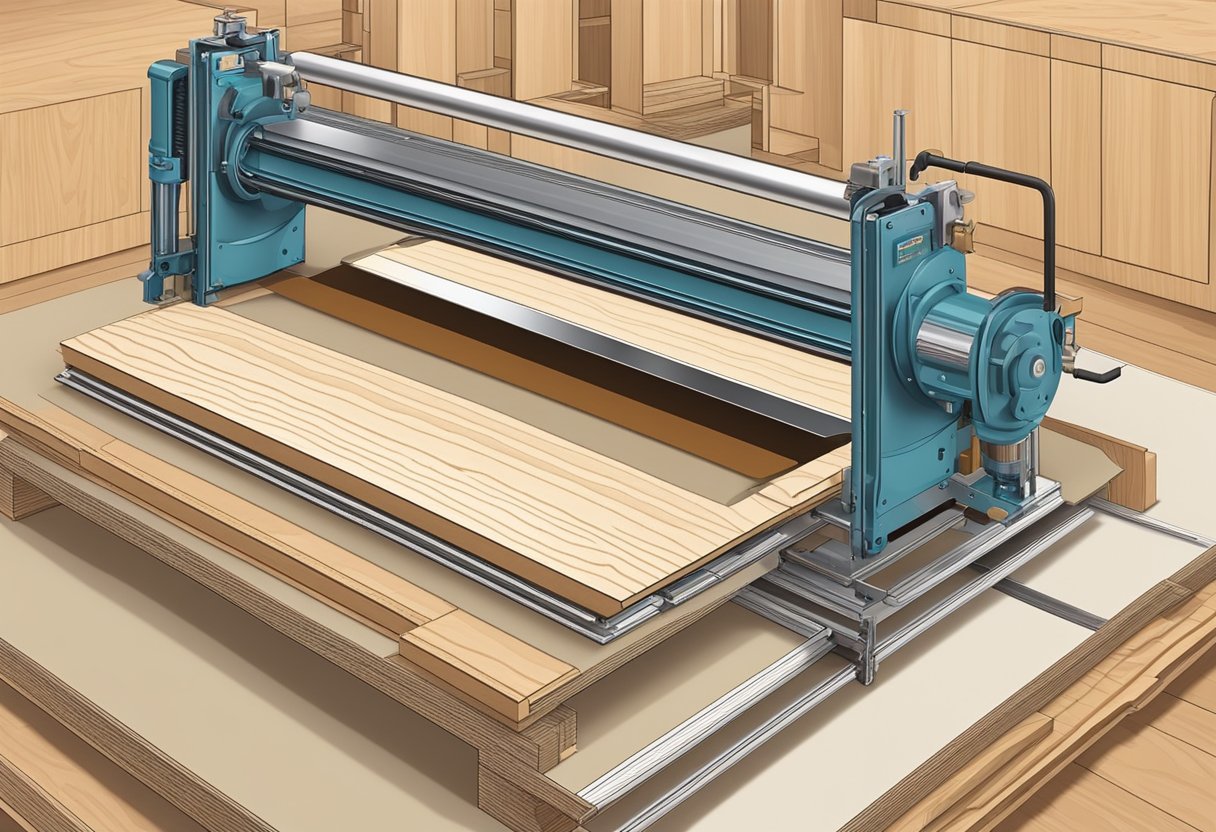 Machines press and bond layers of ash veneer with adhesive to form plywood sheets. Saws cut the sheets to size for packaging