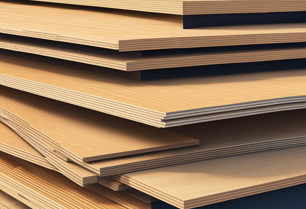 A stack of construction plywood sheets arranged on a warehouse floor