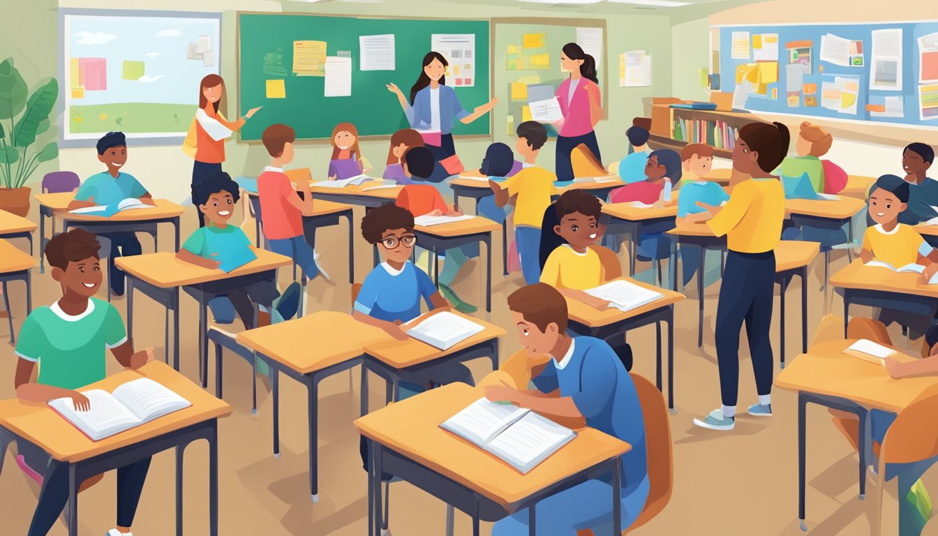 A bustling tuition franchise with students engaged in learning, colorful teaching materials, and enthusiastic tutors guiding the class