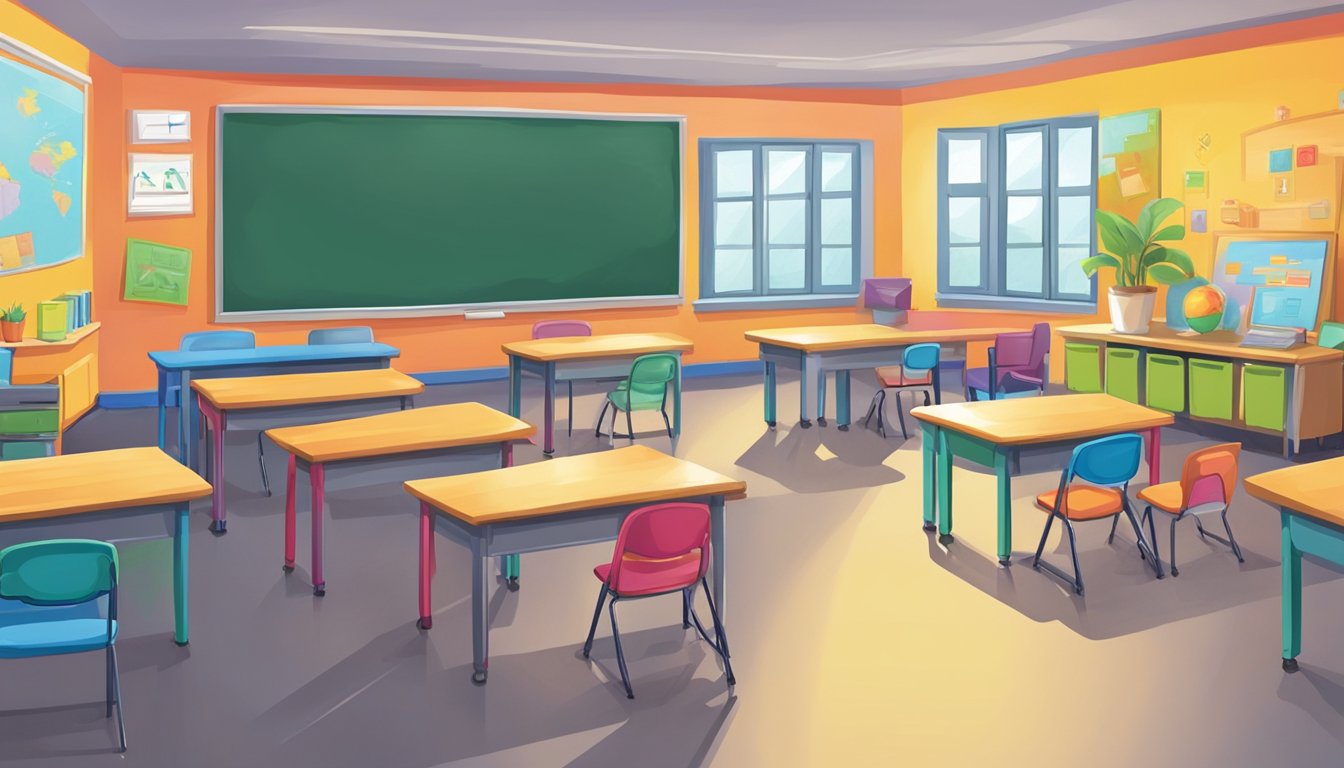 A colorful classroom setting with a chalkboard, desks, and students engaged in learning activities at a Franchise Fundamentals tuition franchise