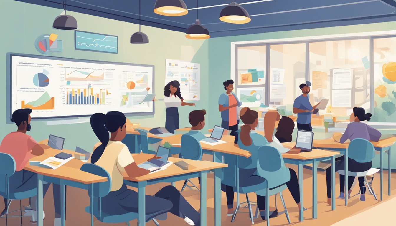 A brightly lit classroom with students engaged in interactive learning activities, surrounded by motivational posters and charts showcasing key principles of operational excellence