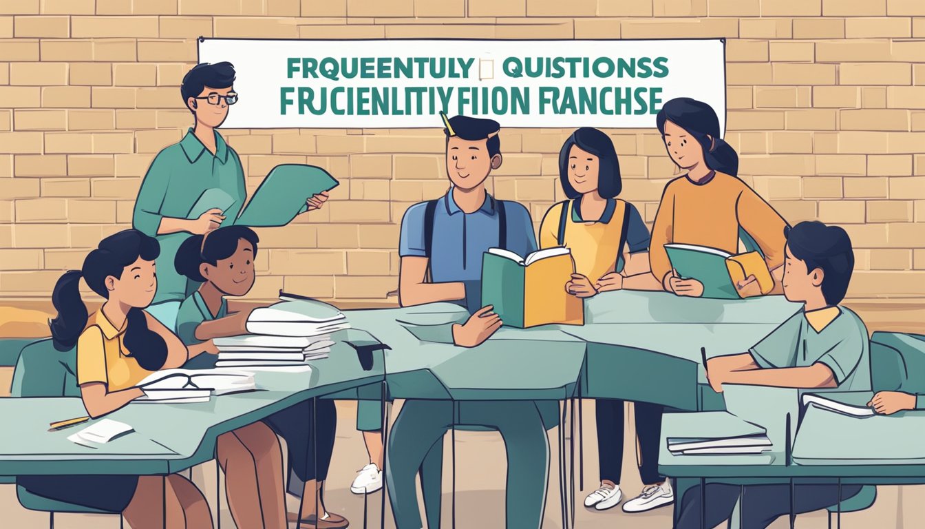 A group of students gather around a sign that reads "Frequently Asked Questions tuition franchise" with a teacher explaining the benefits to them