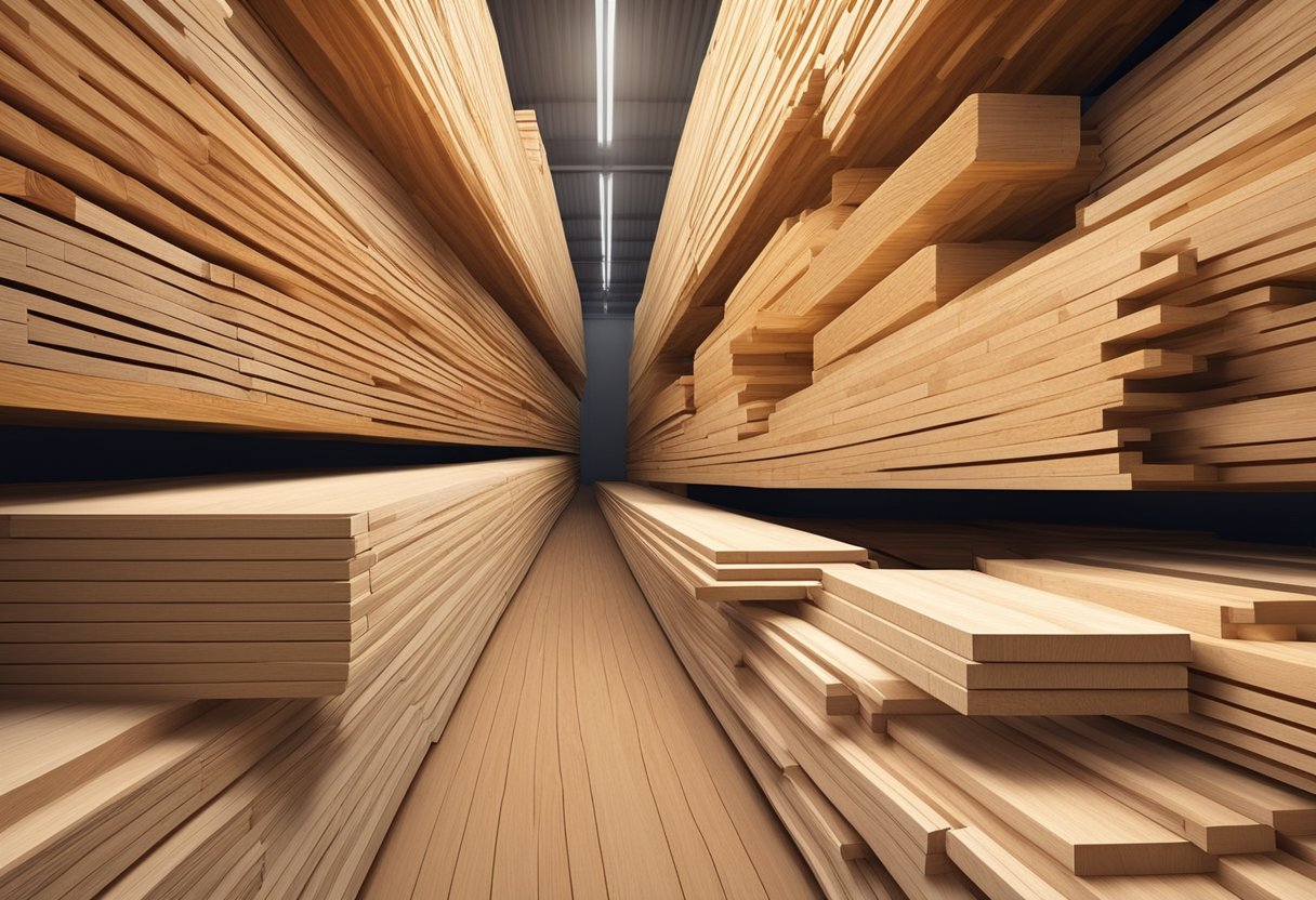 Various types of engineered lumber stacked in a warehouse, including laminated veneer lumber, parallel strand lumber, and laminated strand lumber