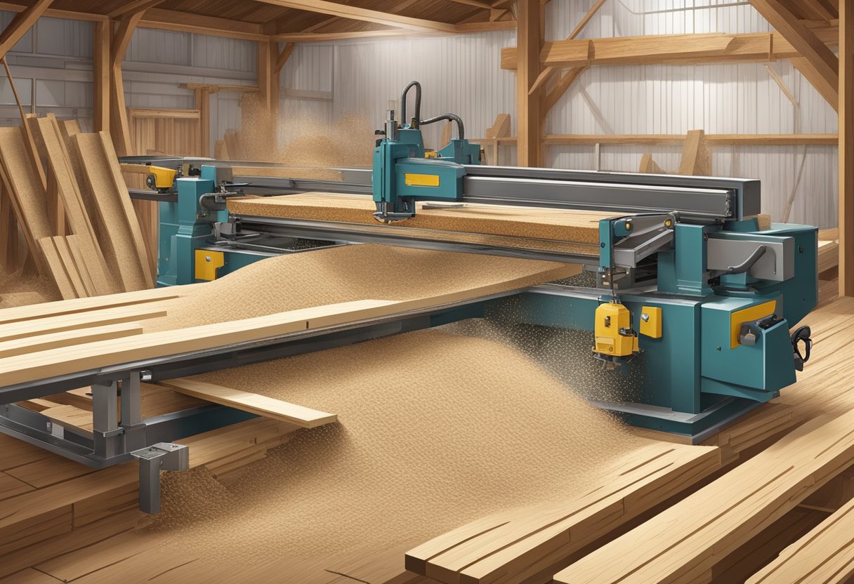 Machines cut and shape wood into engineered lumber. Sawdust flies as boards are pressed and glued together