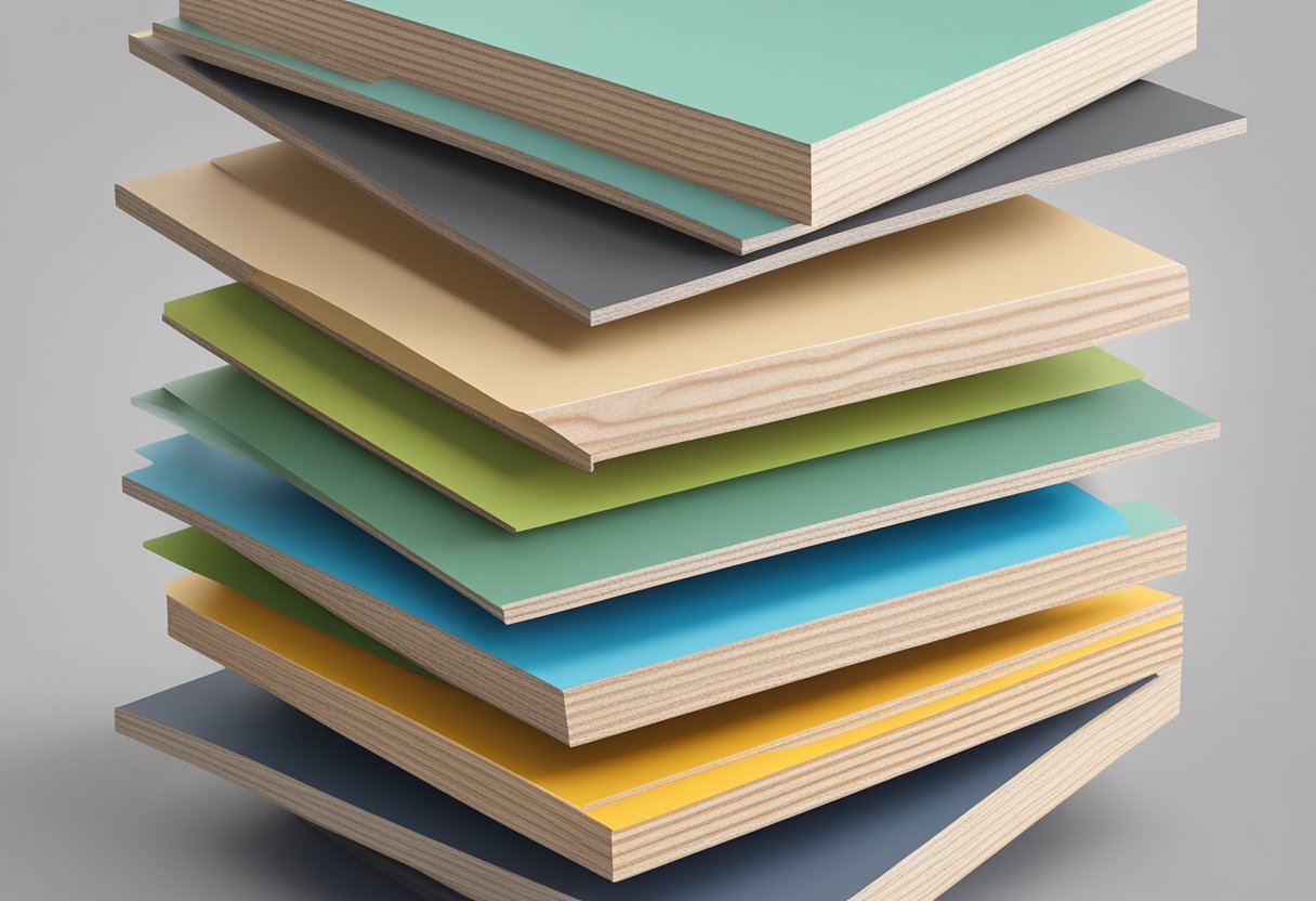 A stack of formica plywood sheets, showcasing their smooth surface and durability, with a label listing their properties and advantages