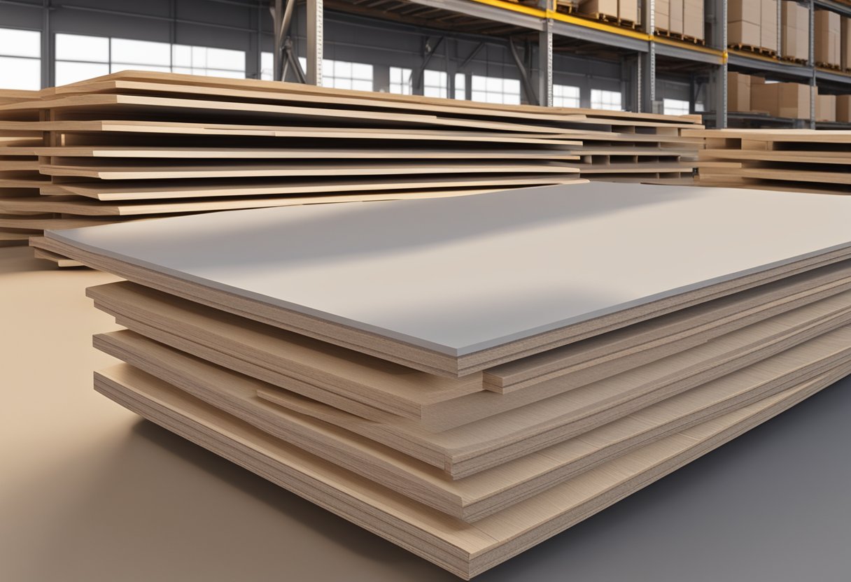 A stack of melamine MDF boards sitting on a warehouse shelf, with a smooth and glossy surface, and a uniform thickness and color