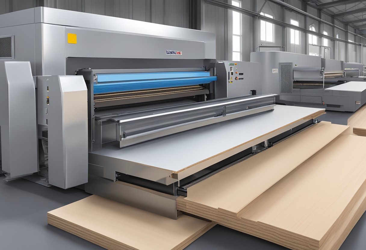 Machines press and heat wood fibers and melamine resin to create smooth, durable MDF boards