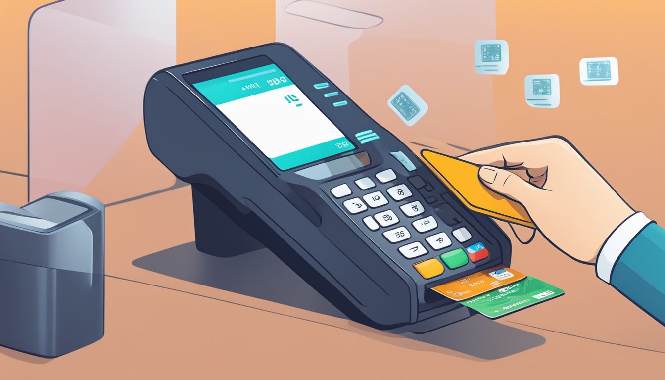 A hand swipes a credit card through a payment terminal, while a digital receipt pops up on the screen, streamlining the payment process