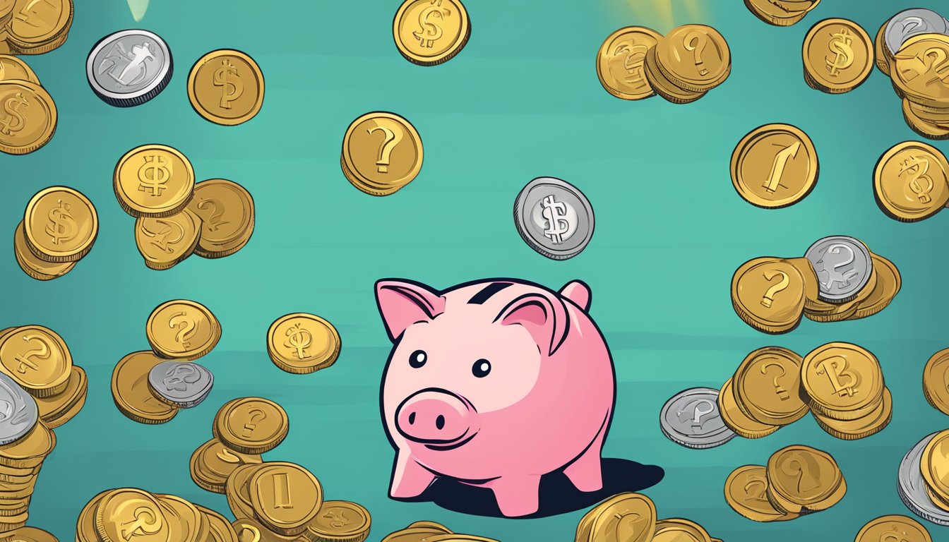 A stack of coins dropping into a piggy bank labeled "Tuition" with a question mark hovering above it