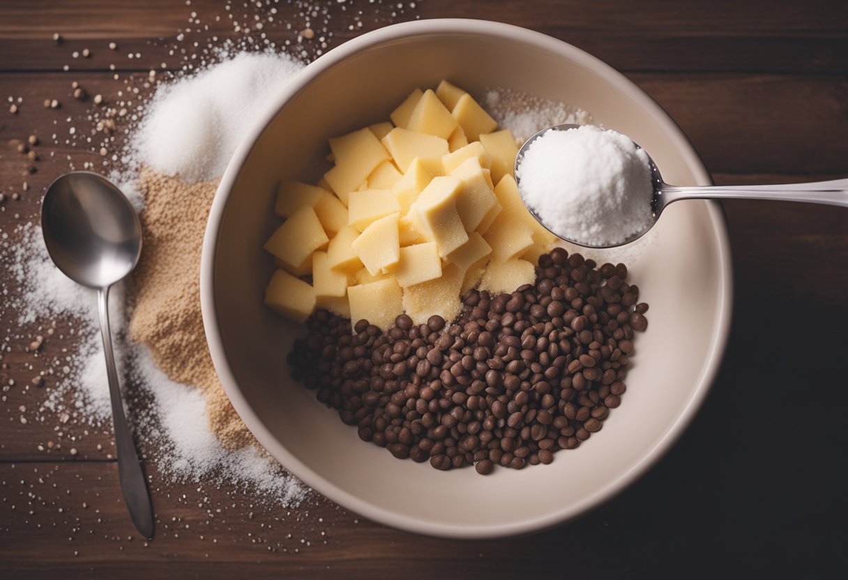 A mixing bowl combines flour, sugar, butter, and chocolate chips. A spoon stirs the ingredients