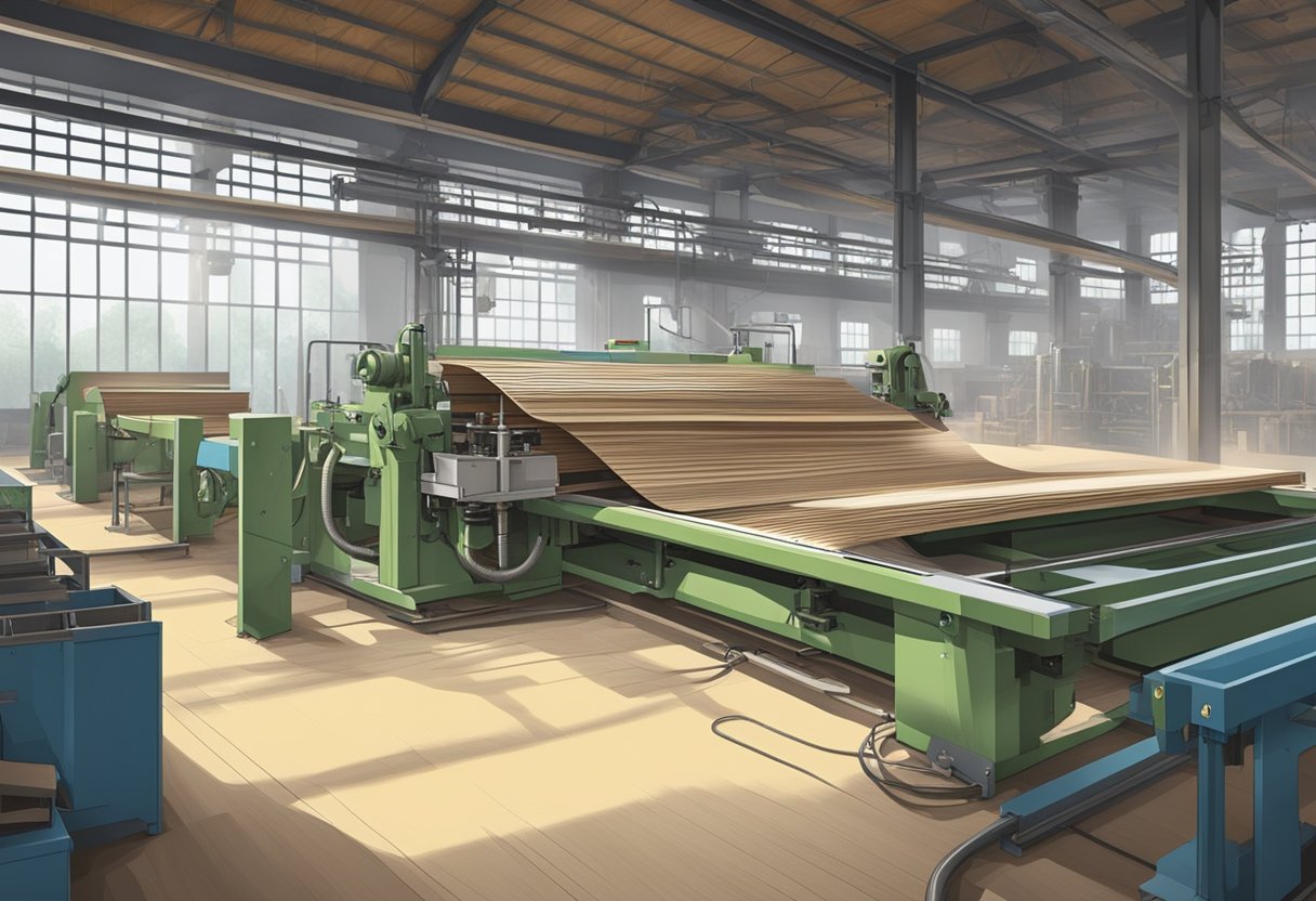 Machines shaping and bending plywood sheets in a factory